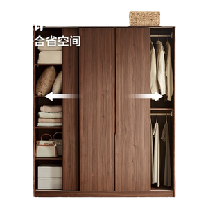 卡伊莲复古胡桃木色推拉门衣柜实木框2024新衣橱储物柜子复古衣柜