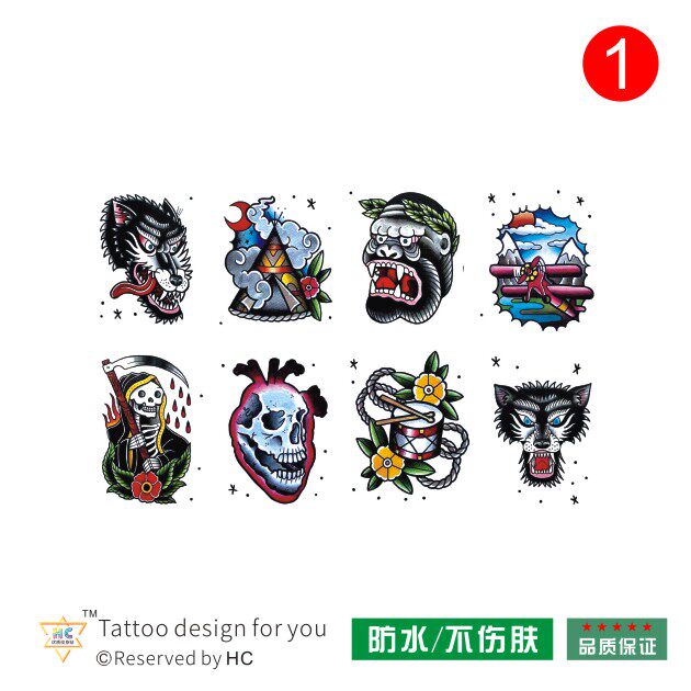 old school纹身贴欧美元素花臂个性潮流复古动物死神狼头骷髅男女
