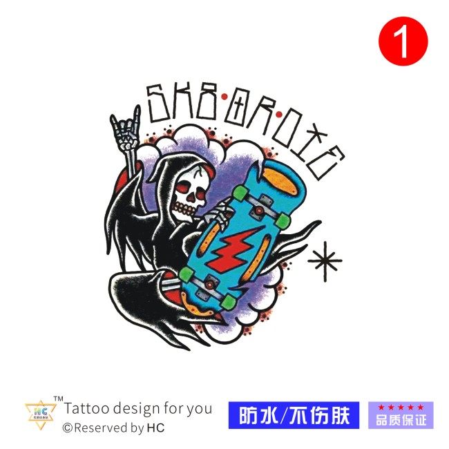 os欧美嘻哈死神滑板骷髅old school纹身贴摇滚花臂持久防水逼真
