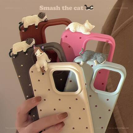 Cute 3D Lying Cat Phone Case Suitable for iPhone 17, Apple 15 Pro Max, Simple Polka Dot Design, Soft Case for iPhone 13/16