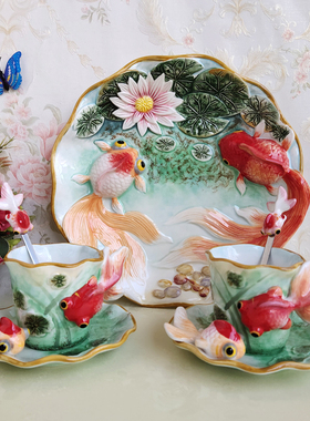 Function art纯手绘釉下彩陶瓷金鱼11寸果盘饺子盘欧式家用水果盘