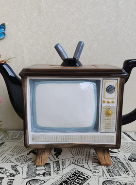 Blue sky布鲁瓷纯手绘陶瓷电视机茶壶复古风客厅装饰水壶咖啡壶