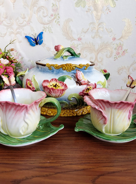 Function art纯手绘釉下彩陶瓷郁金香高脚水果碗田园家用水果碗盆