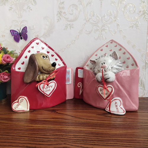 Blue sky布鲁瓷情人节系列陶瓷信封猫咪摆设狗狗装饰摆件工艺品