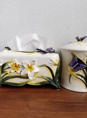 Function art方亚品牌陶瓷蝴蝶纸巾盒田园风客厅奢华厨房大抽纸盒