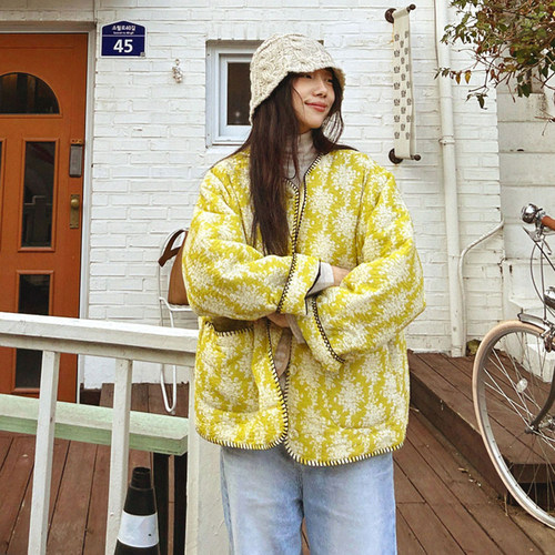 SYLP穗伊 温暖轻盈 锁边绣花圆领欢快色彩印花宽松夹棉外套棉服女