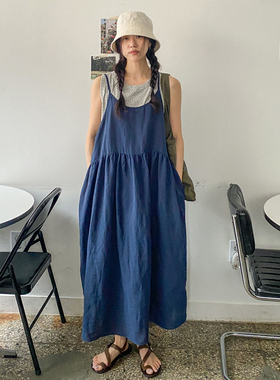 SYLP穗伊 凉快棉麻 舒适轻便宽松A字型褶皱连衣裙吊带背带长裙子