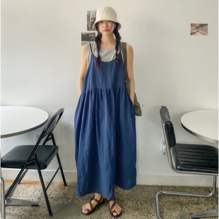 SYLP穗伊 凉快棉麻 舒适轻便宽松A字型褶皱连衣裙吊带背带长裙子