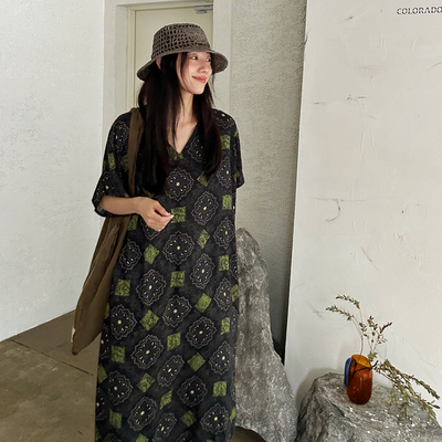 印花宽松图腾蝙蝠款连衣裙