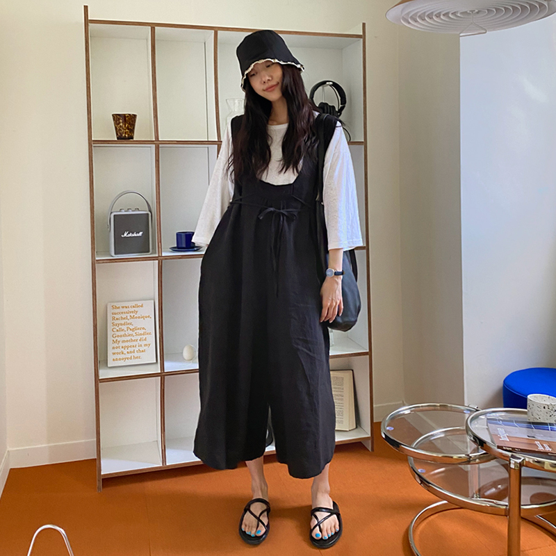 背带裤女夏新款亚麻裙裤两穿背带裙裤系带收腰显瘦阔腿裤9分裤子