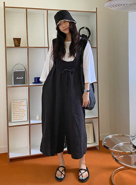 背带裤新款两穿女夏亚麻收腰