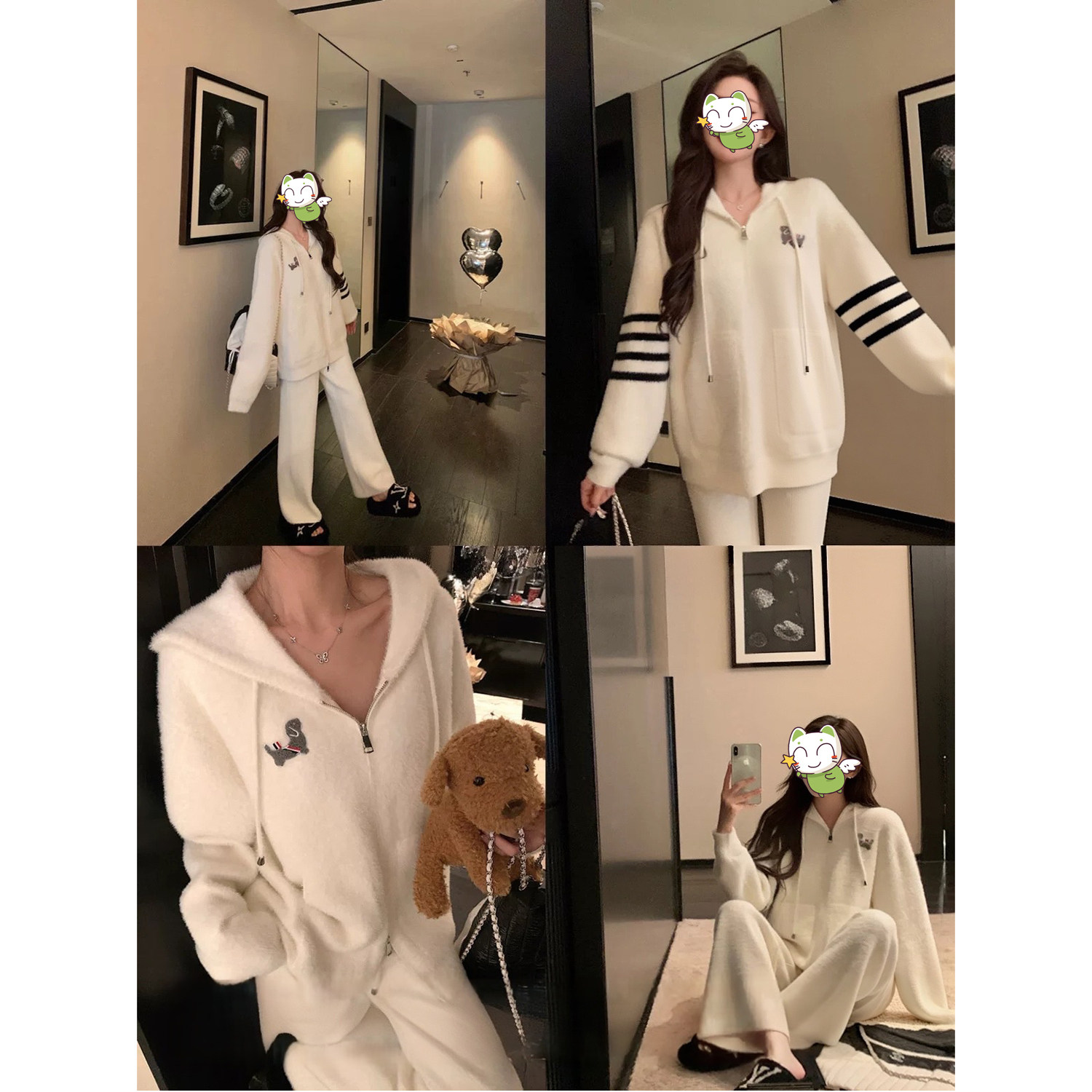 肉瑶邱 白色连帽针织休闲套装女冬季新款保暖加绒小狗宽松卫衣