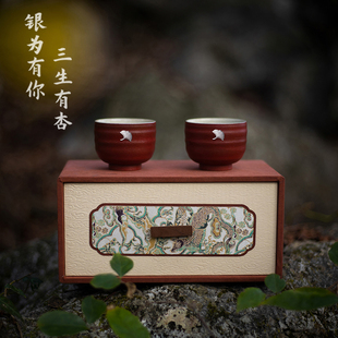 原创景德镇纯手工锔银陶瓷对杯情侣礼物结婚伴手礼纪念日礼品套装