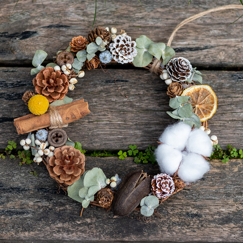 DIY手工材料包干花藤编圆环三八节家庭沙龙活动松果门挂墙吊装饰,家居饰品,干花/花瓣/干花包/干树枝,淘宝优惠券,粉丝福利购,淘宝优惠卷