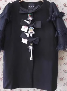 淑女屋专柜正品 冬圣诞公主蝴蝶结绣花羊毛大衣黑色蕾丝袖ELD05