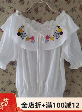 专柜正品刺绣荷叶边领衬衫束腰一字领宽松衬衣夏上衣白色MXC10