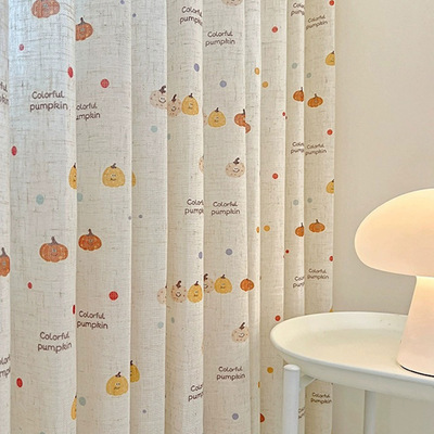 儿童房南瓜麻纱遮光窗帘可爱卡通卧室飘窗落地绣花纱帘轻法风不透