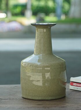 仿官窑  米黄冰裂槌形大瓶  纯手 南窑笔记 龙泉青瓷花器花道花瓶
