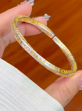 足银999.9开口描金吉言手镯四方扭纹吉言手镯礼物送女友四方扭棍