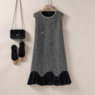 女装 2025秋冬新款 拼接百褶裙摆A字显瘦连衣裙 小香风毛呢背心裙