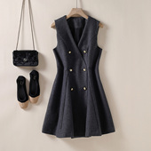 双排扣毛呢背心裙小黑裙 女装 V领轻奢A字显瘦连衣裙 2025秋冬新款