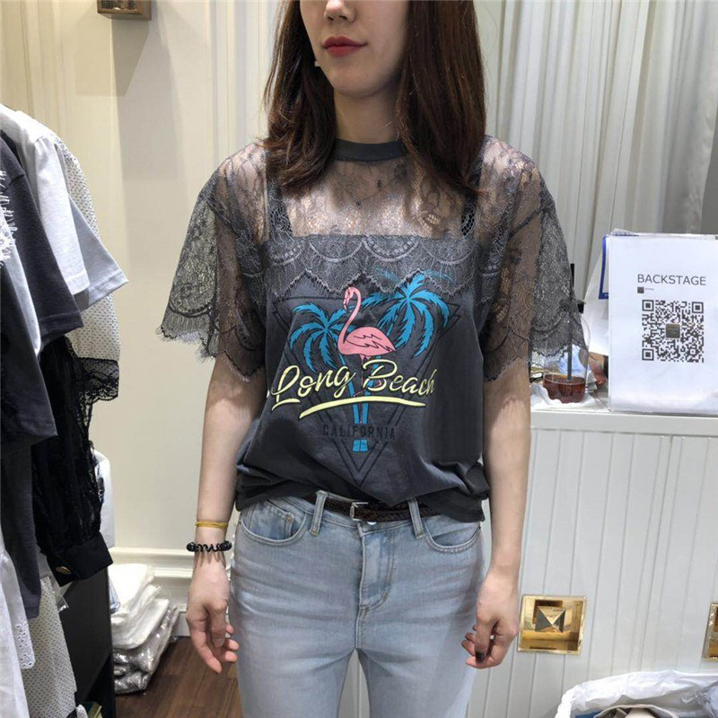 韩国东大门2026夏季新款小香风蕾丝拼接卡通字母印花短袖T恤女