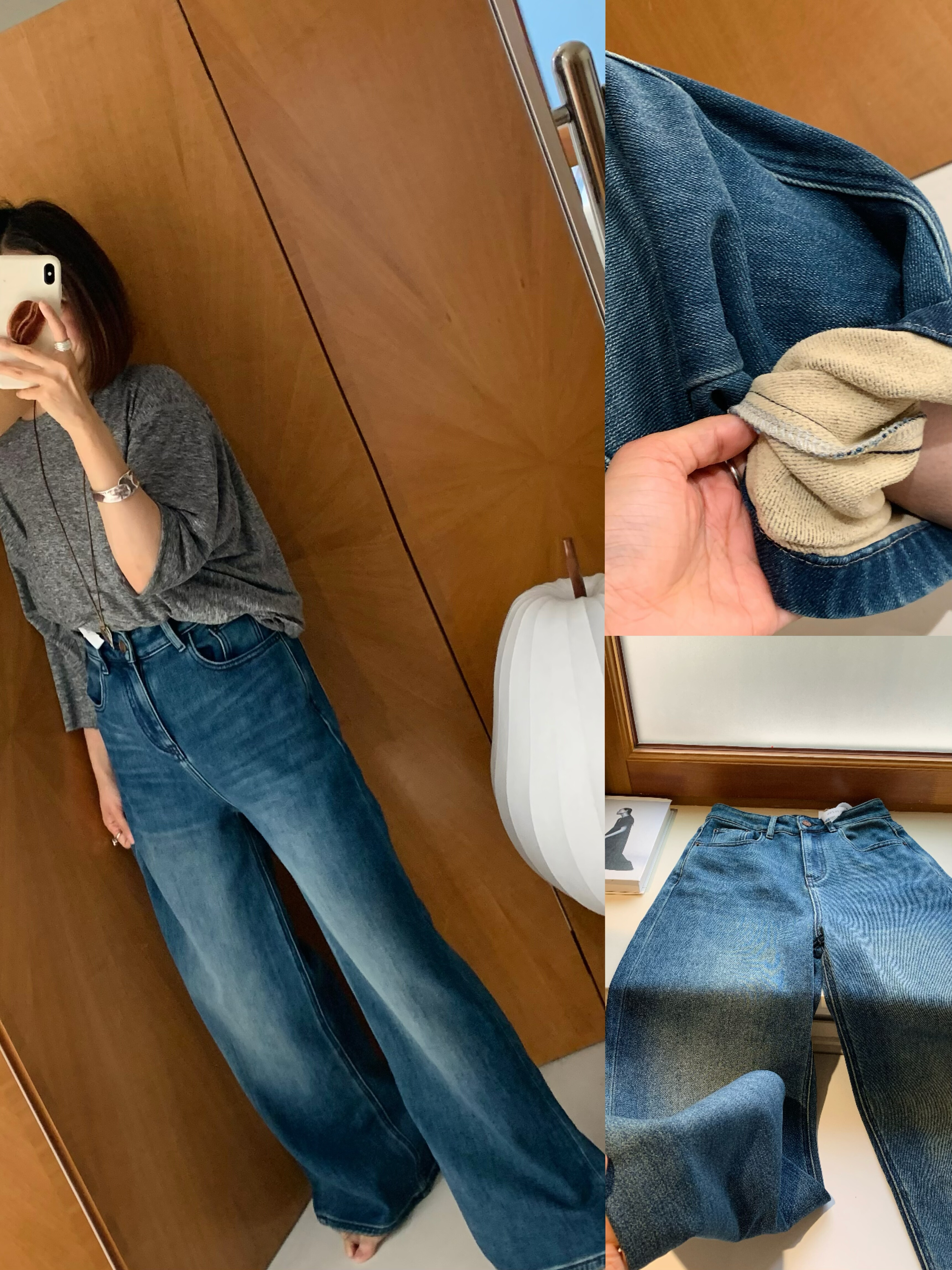 推荐！超美植绒经典款直筒保暖锁温弹力高腰复古蓝直筒阔腿裤日常