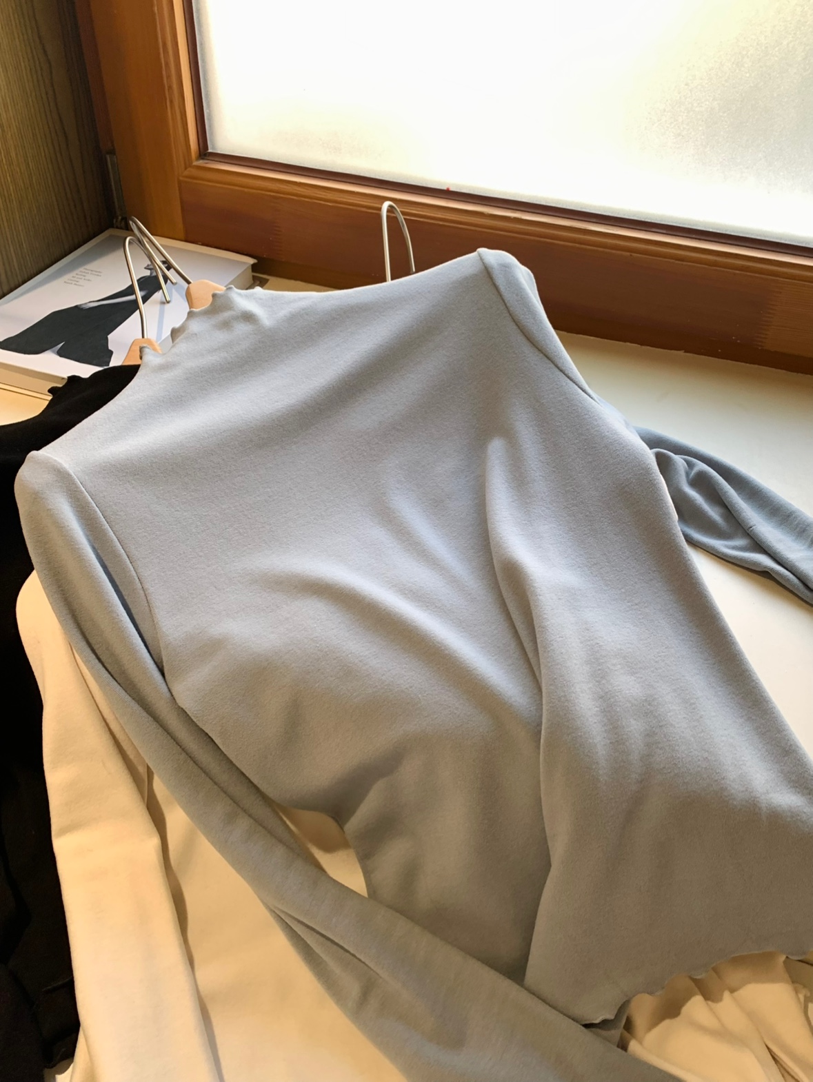 发热纤维木耳边大弹力半高领双面羊绒打底长袖日常边边女秋冬保暖