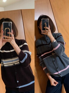 100羊毛小漂亮低调撞色条纹不规则肌理感单排扣软唧唧开衫毛衣女