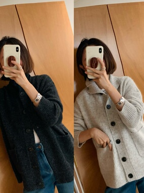 软翻领高领随意切换保暖厚实单排扣纯色韩国风大毛衣杏色深灰开衫