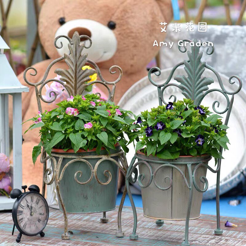 复古做旧铁艺小椅子造型花盆 花园庭院盆栽多肉装饰花器杂货铁桶