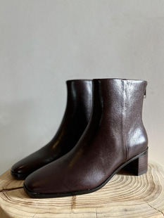 出口大码 靴后拉链复古褶皱真皮女短靴 44女靴子41一43牛皮方头时装