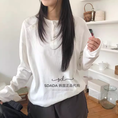 韩国代购设计师领子系扣长袖T恤