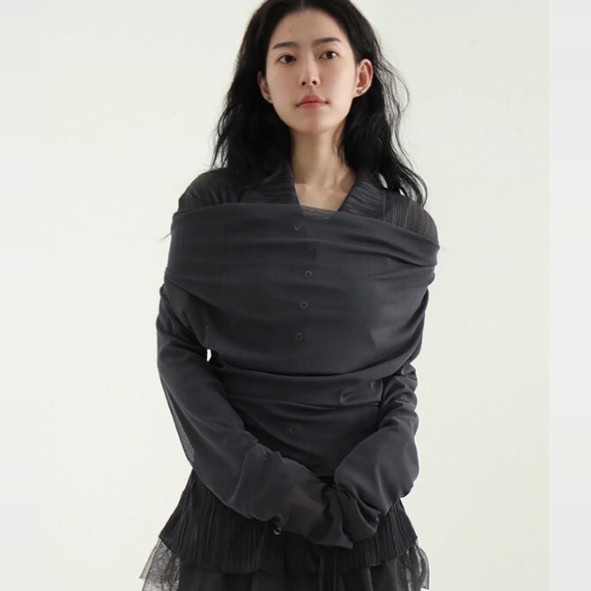 韩国代购25A/W see-through draped neck mesh tee 半透长袖