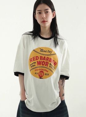 韩国代购25S/S RED BARBER printed ringer half tee 字母印花T恤
