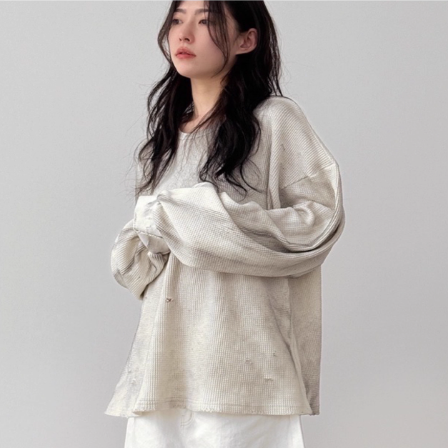 韩国代购25F/W damage waffle tee (unisex) 做脏破洞华夫格长袖