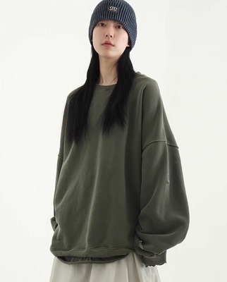 常规宽松纯棉破洞卫衣假两层设计