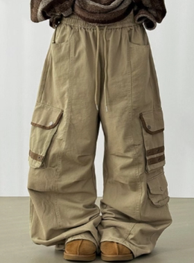 韩国代购25F/W multi pocket cotton wide banding pants 工装裤