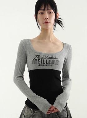 韩国代购25A/W two tone square neck golgi tee 师拼色字母长袖