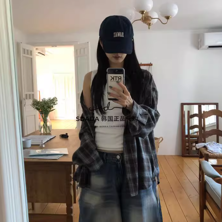 韩国代购宽松格子衬衫上衣