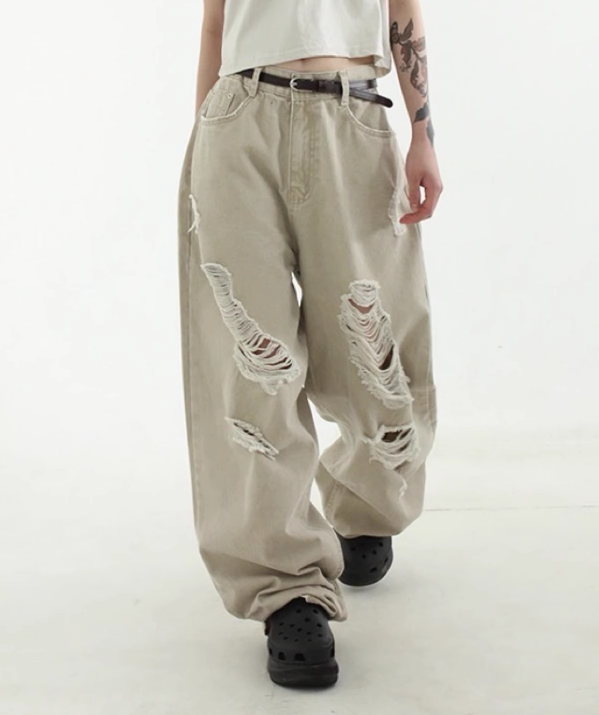 韩国代购23S/S beige damage wide jean 姜黄色破洞拉丝牛仔裤
