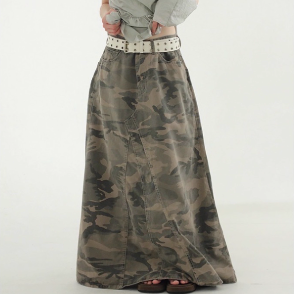 韩国代购25s/s washed camo pattern maxi skirt 迷彩宽松裙子