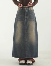 韩国代购23F/W brushed denim long skirt 水洗磨白牛仔裙