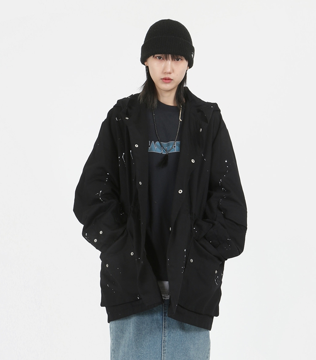 韩国代购20PAINTING HIDDEN SNAP MILITARY JACKET 喷漆外套