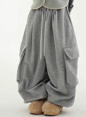 韩国代购 fleece-lined soft cotton cargo wide banding pants