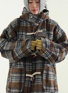 韩国代购25A/W check quilting duffle coat 夹棉格子连帽外套