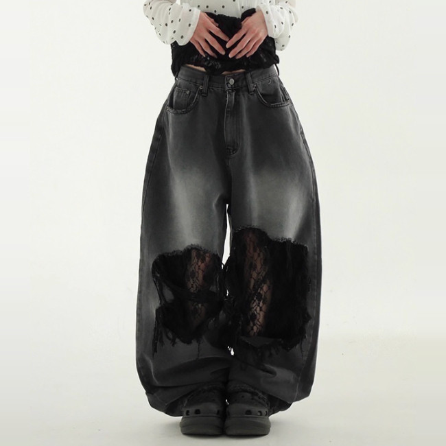 韩国代购25 floral lace damage black jean 蕾丝花朵破洞牛仔裤