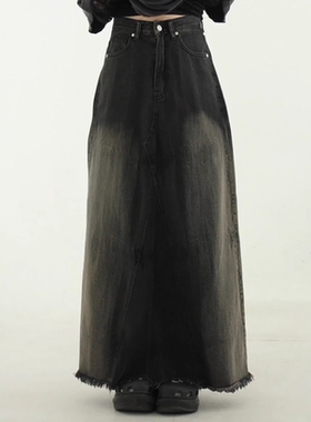 韩国代购24 dark brown brushed denim maxi skirt黑棕磨白牛仔裙