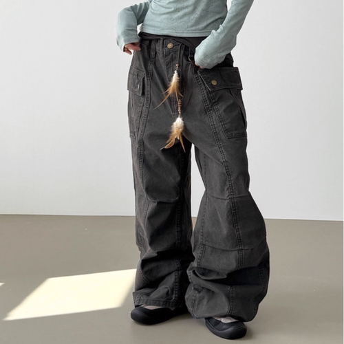 韩国代购25F/W dyed section cargo wide pants 水洗拼接工装长裤