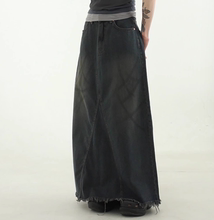韩国代购24S/S scratched dark blue denim long skirt 牛仔裙